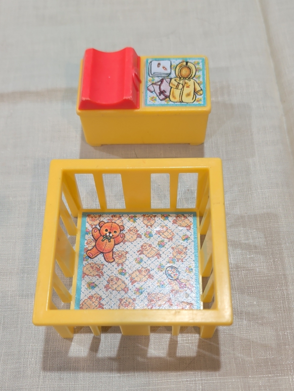 Fisher-Price 1972 Yellow and Red Toy Crib with Changing Table